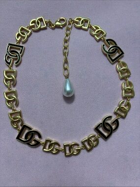 D&G Gold Link Necklace with Black Enamel Accents and Pearl Drop
